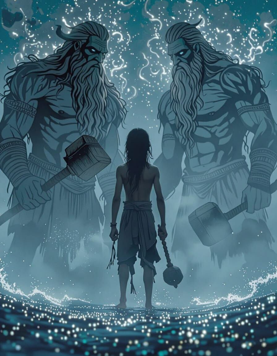 Epic Warrior Confronts Giants in Misty Blue Landscape