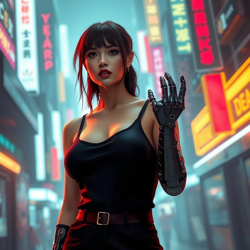 Futuristic Woman in Cyberpunk Cityscape with Metallic Hand P...