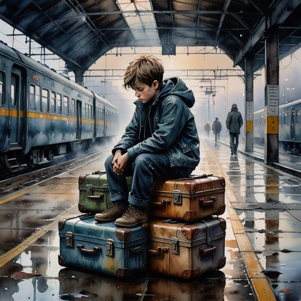 Sleepy Boy Rests on Suitcases in Melancholic Train Station