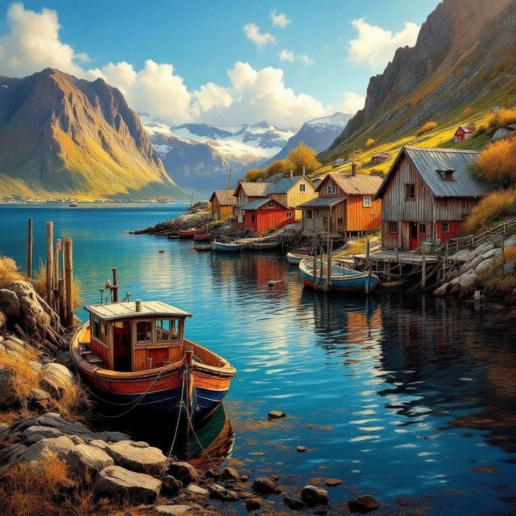 Lofoten Harbor in Expressionist Oil Painting Style