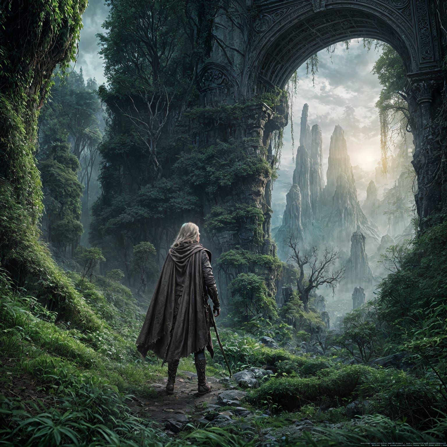Elven Ranger Explores Mystical Portal in Dark Forest