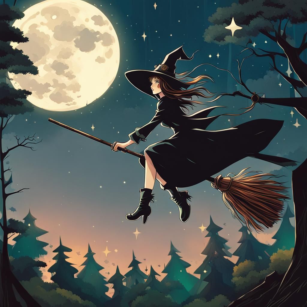 Steampunk Witch Flying, Anime Cubist Art