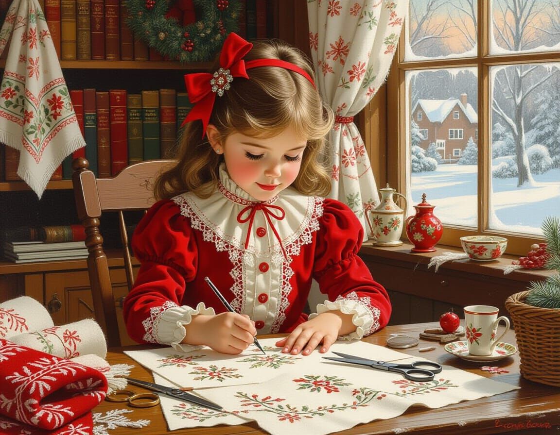 Girl Crafting in Winter: Vintage Americana Illustration