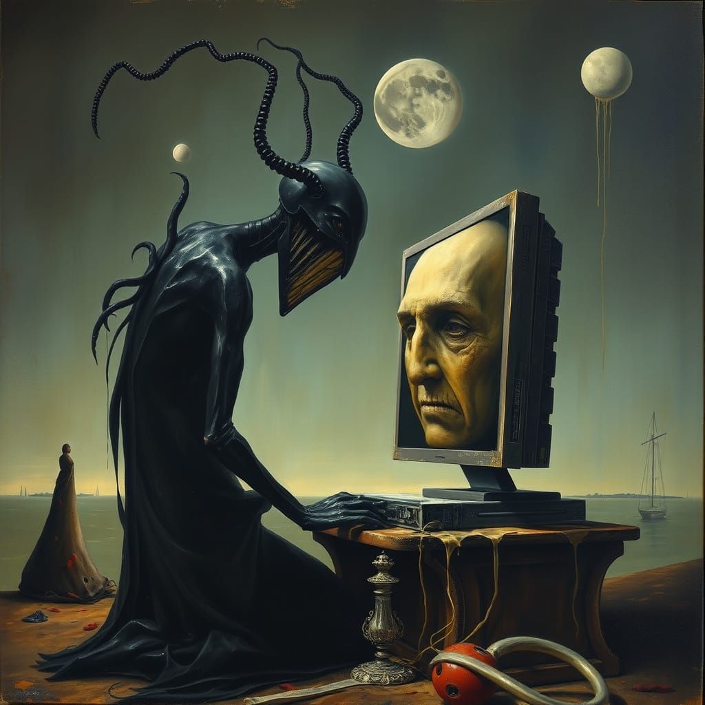 Surreal Computer Melting in Sinister Oil Painting Style