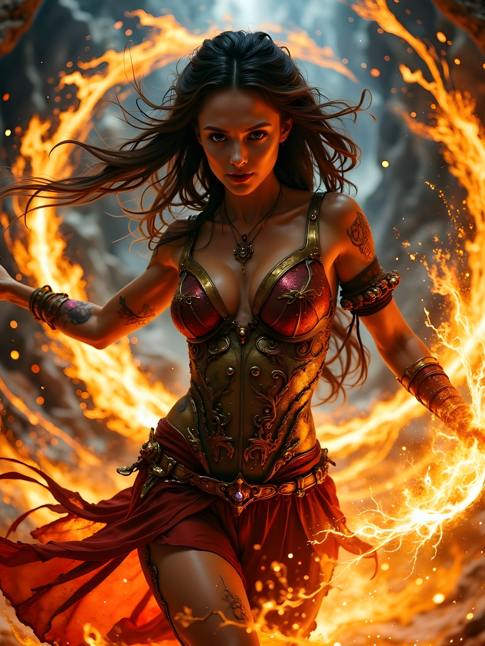 Sorceress in Fiery Dance, Dark Cyberpunk Aesthetic