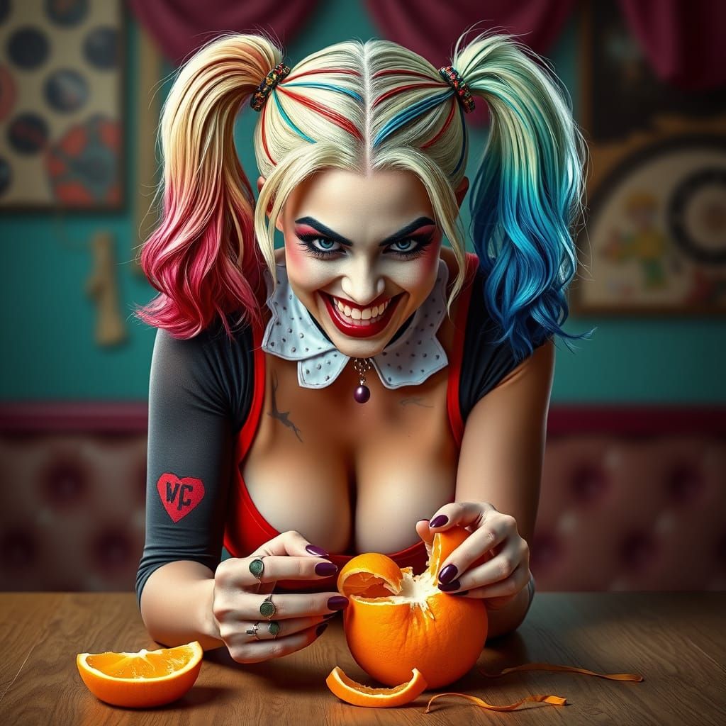 Hyperrealistic Harley Quinn Sits on Table Peeling Orange wit...