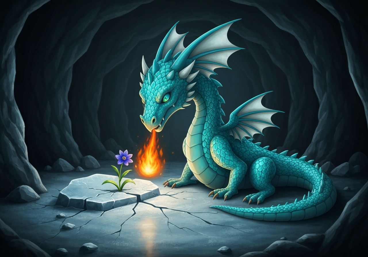 Turquoise Gem Dragon Thaws Indigo Flower in Icy Cave