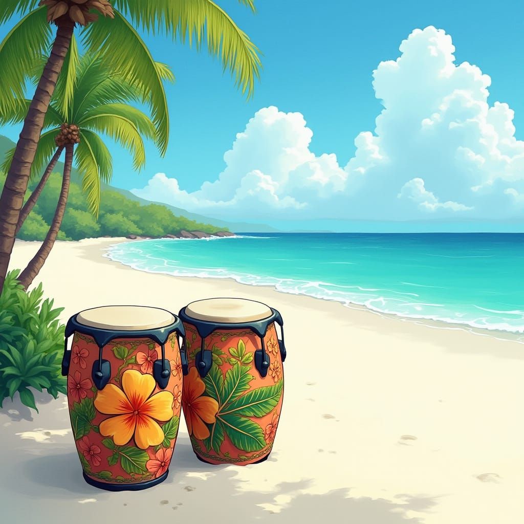 Colorful Conga Drums on a Serene Saint Lucian Beach