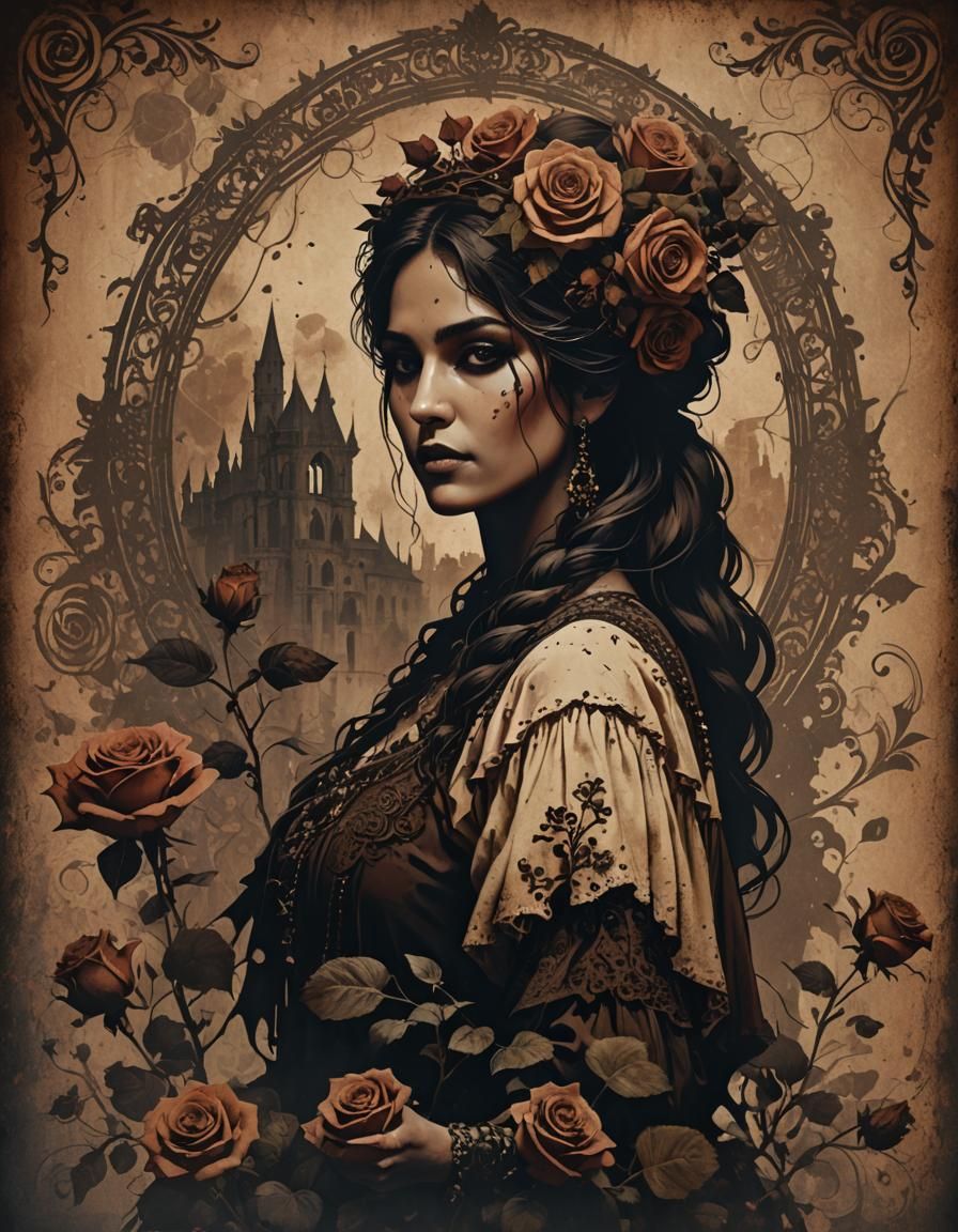 Gothic Gypsy Silhouette with Roses and Music