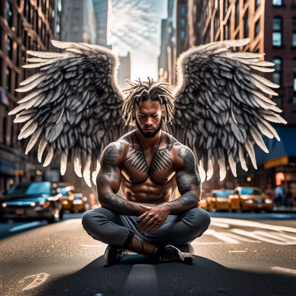 Sorrowful Angel with Runic Tattoos in New York City