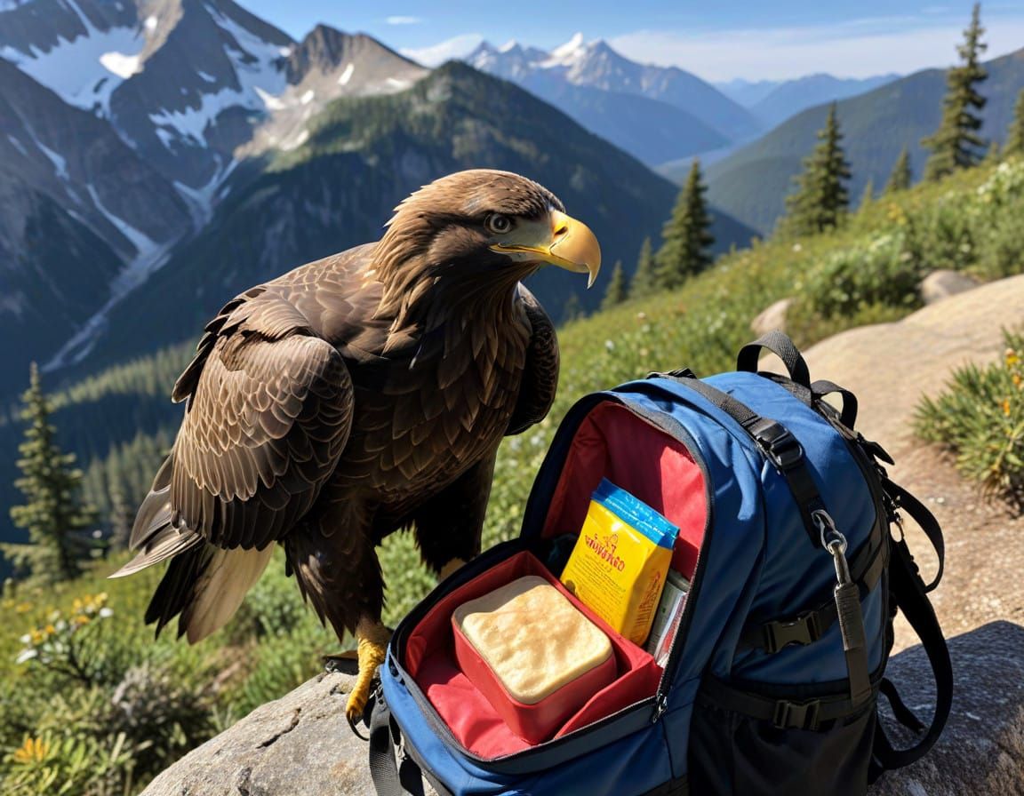Bird Thief in Mid-Heist, Hiker's Backpack at Stake