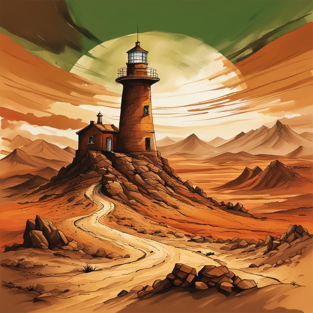 Desert Lighthouse: Ink and Acrylic Illustration