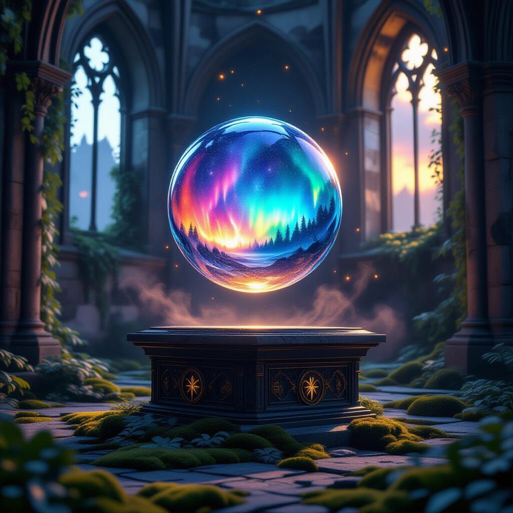 Levitating Magical Orb in Ruined Cathedral