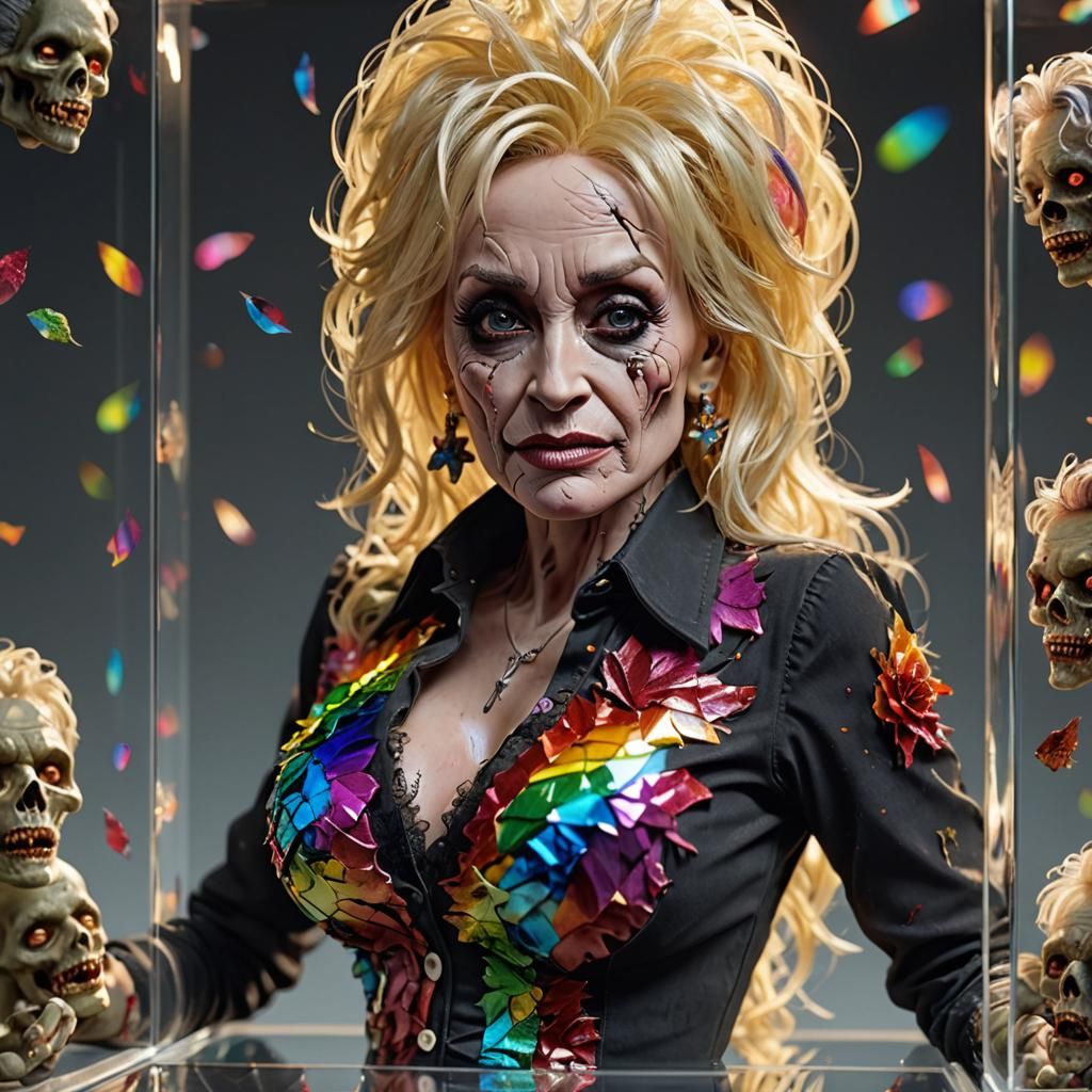 Zombie Dolly Parton in Crystal Cube: Hyperrealistic 3D Rende...