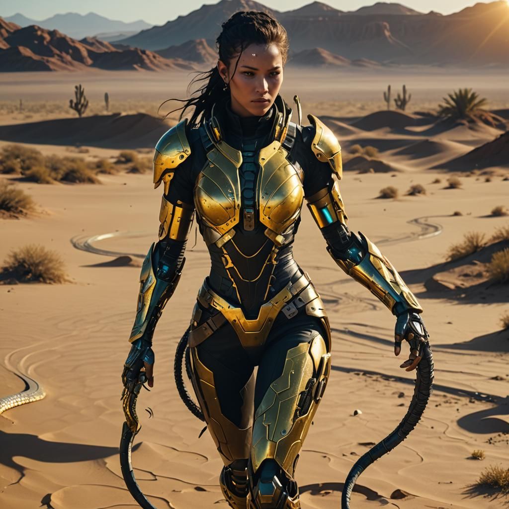 Cybernetic Snake Warrior in Futuristic Desert