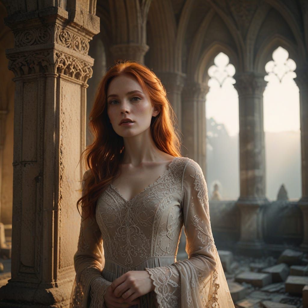 Gothic Revival Beauty Poses in Morning Sunlight