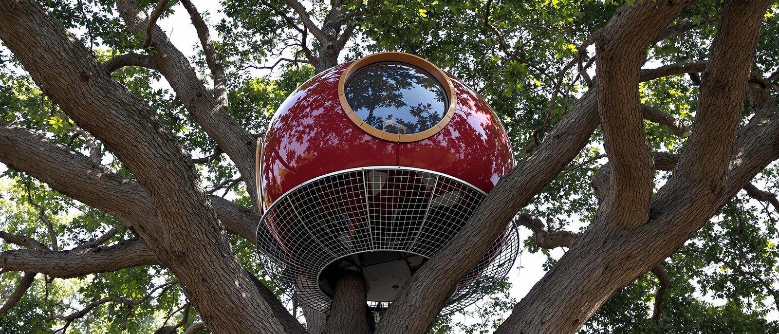 Round Redwood Treehouse Pod in a Metal Weave Nest