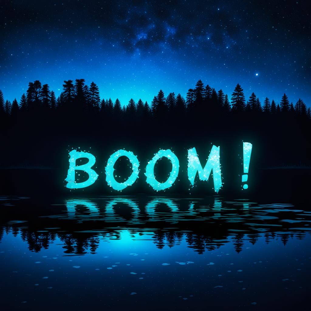 Eerie Glowing Lake Reflects Text "Boom!" at Night