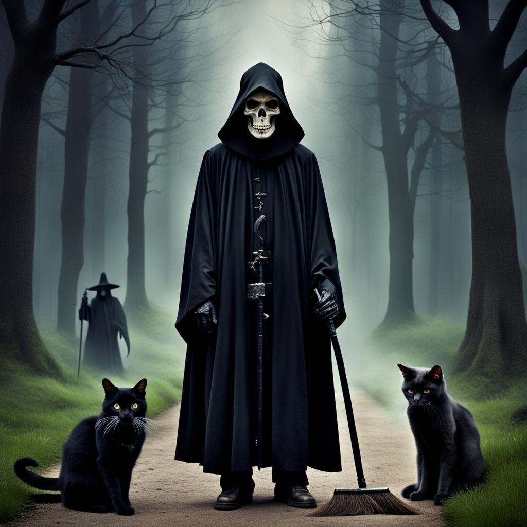 Grim Reaper and Cats: A Spooky Photo