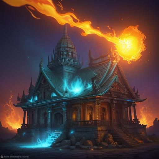Mystical Temple Engulfed in Flames: Cinematic Concept Art