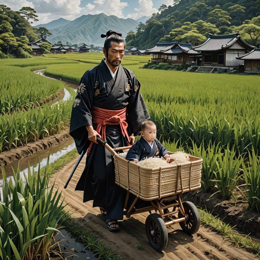Samurai with Baby Cart in Rice Field: Hyperrealistic Portrai...