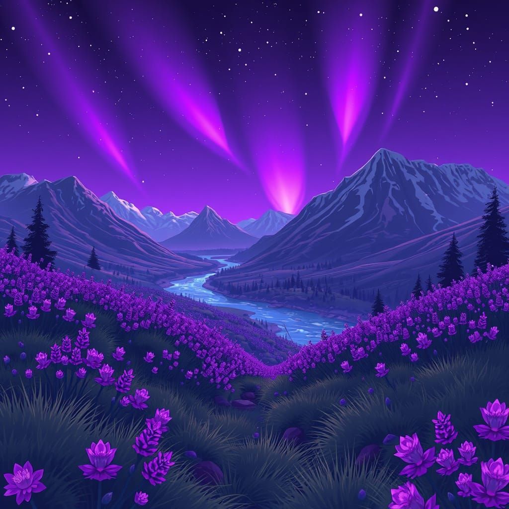 Moody Purple Valley Under Northern Lights