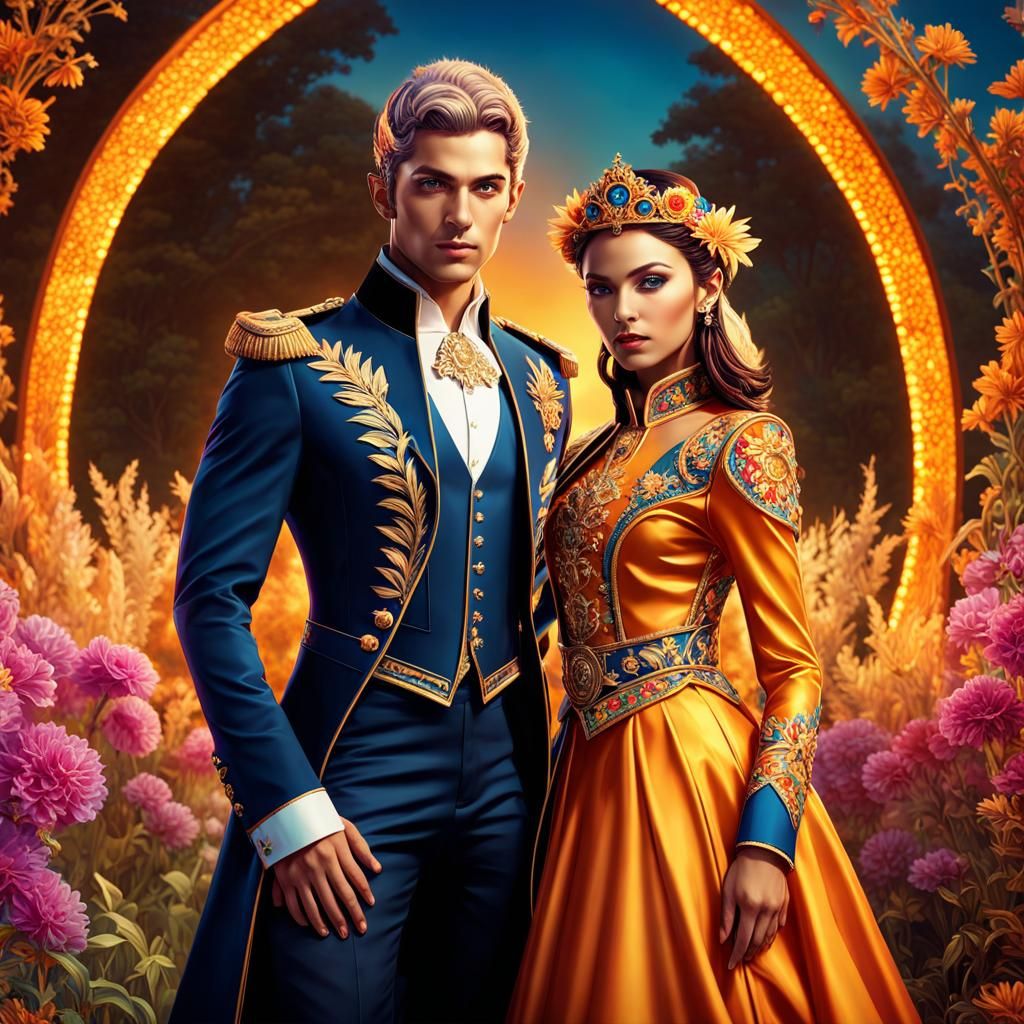 Elven Couple in Steppe Landscape with Floral Accents