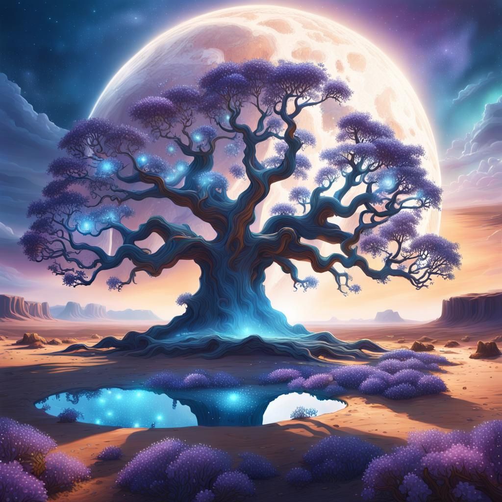 Enchanted Cosmic Oasis in Shimmering Desert Twilight