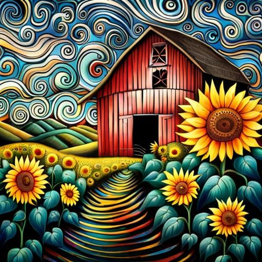 Psychedelic Sunflowers in Indian Landscape, Mixed Media Art