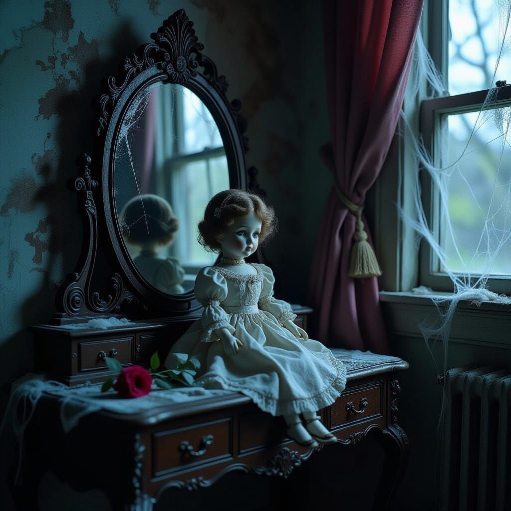 Solitary Porcelain Doll in Abandoned Mansion