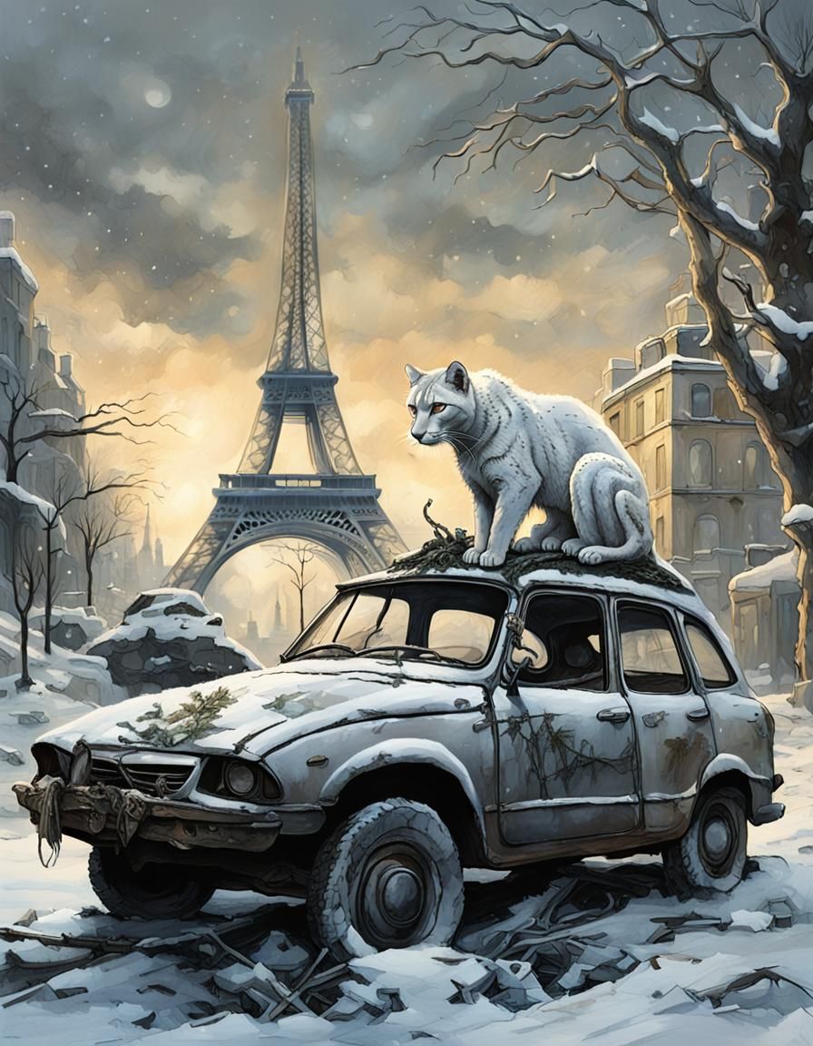 Snow Panther Amidst Apocalypse in Winter Paris