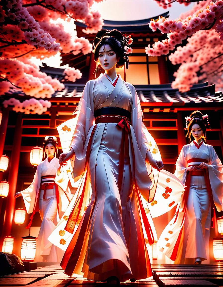 Kitsune Girls Dance at Ancient Japanese Temple