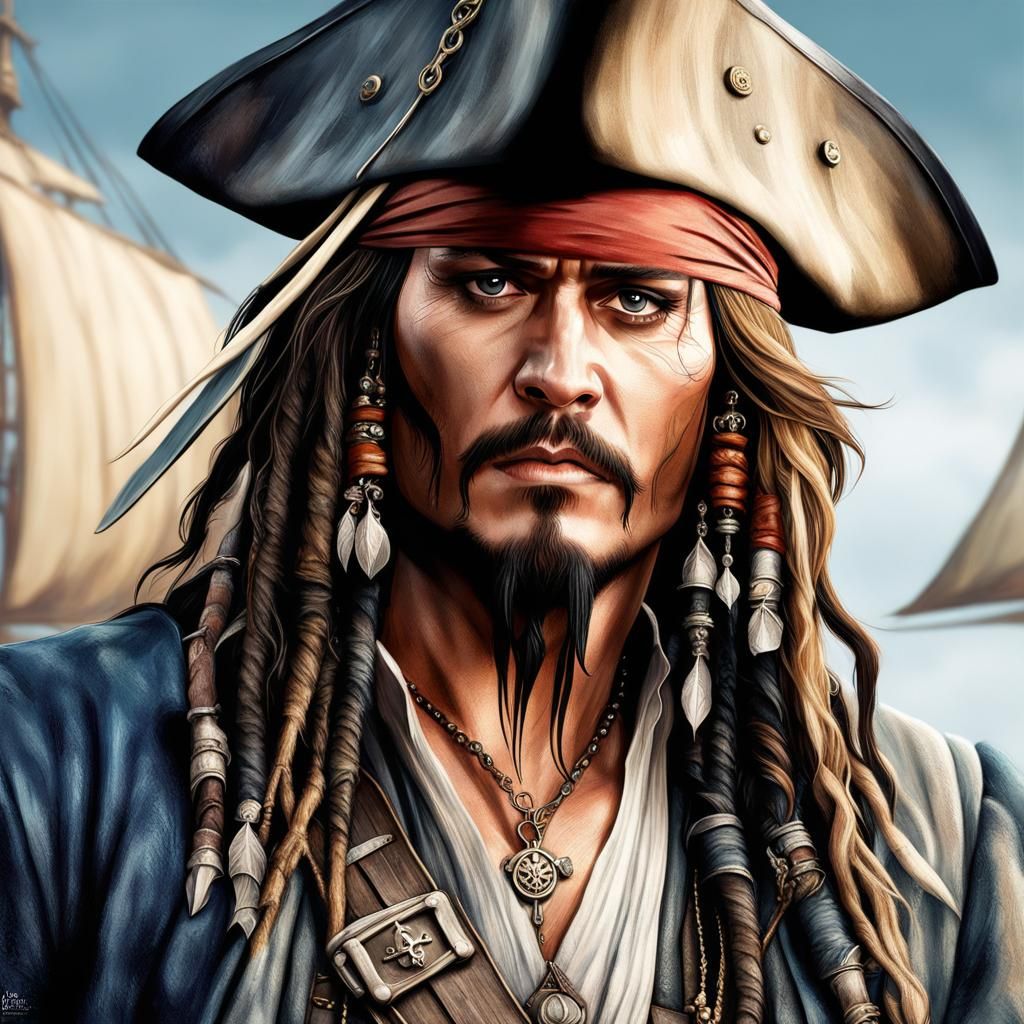 Johnny Depp 2023 as Captain Jack Sparrow, pirate, Johnny Christopher Depp realistic face wit eyeliner, photorealistic, f...