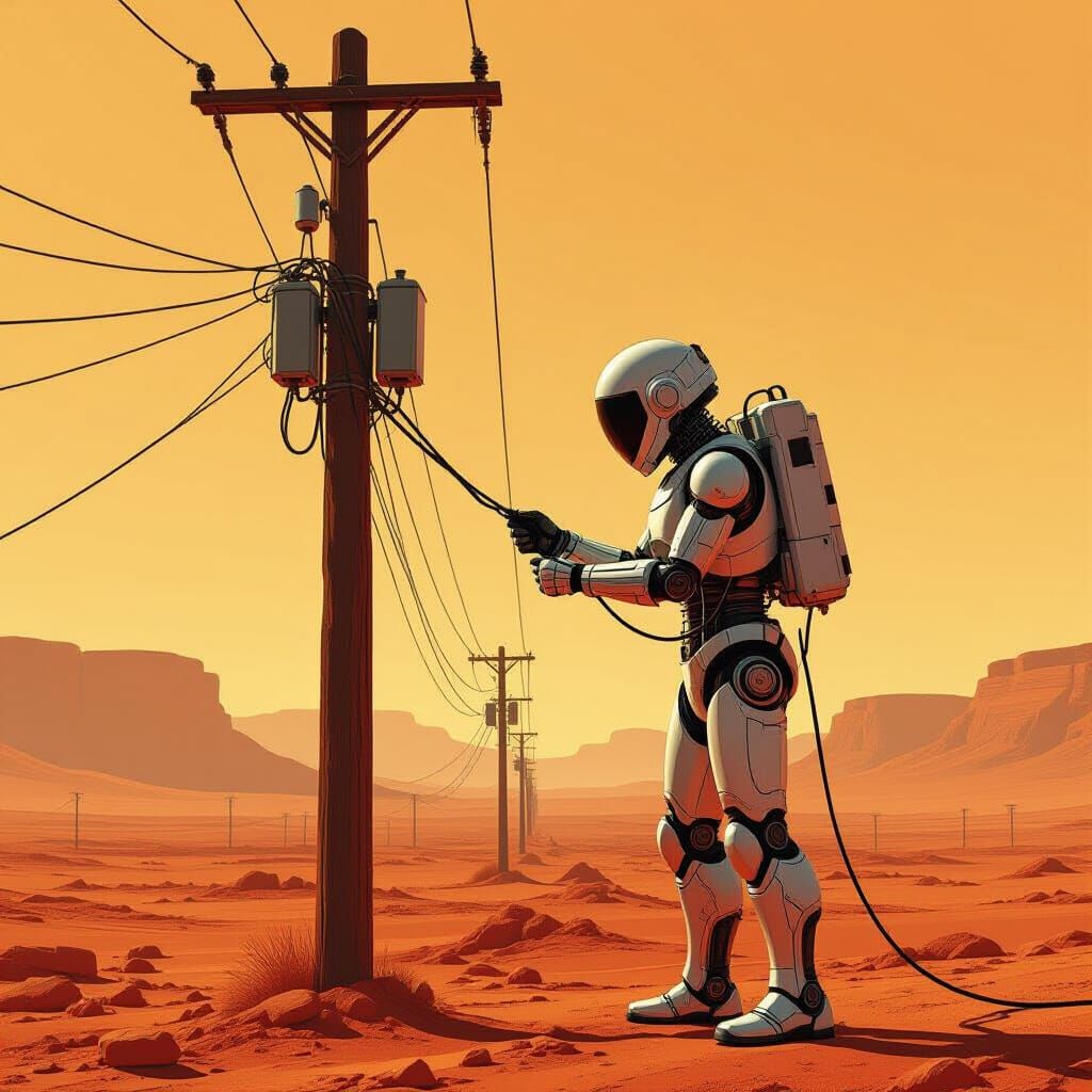 Robot Repairs Wire on Mars: Syd Mead Style