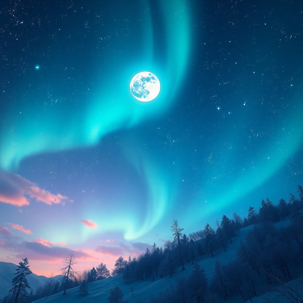 Ethereal Night Sky: Moon, Stars, and Northern Lights