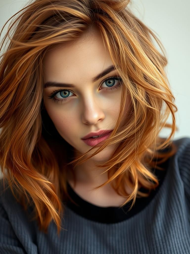 Seductive Gaze: Woman with Windswept Auburn Hair