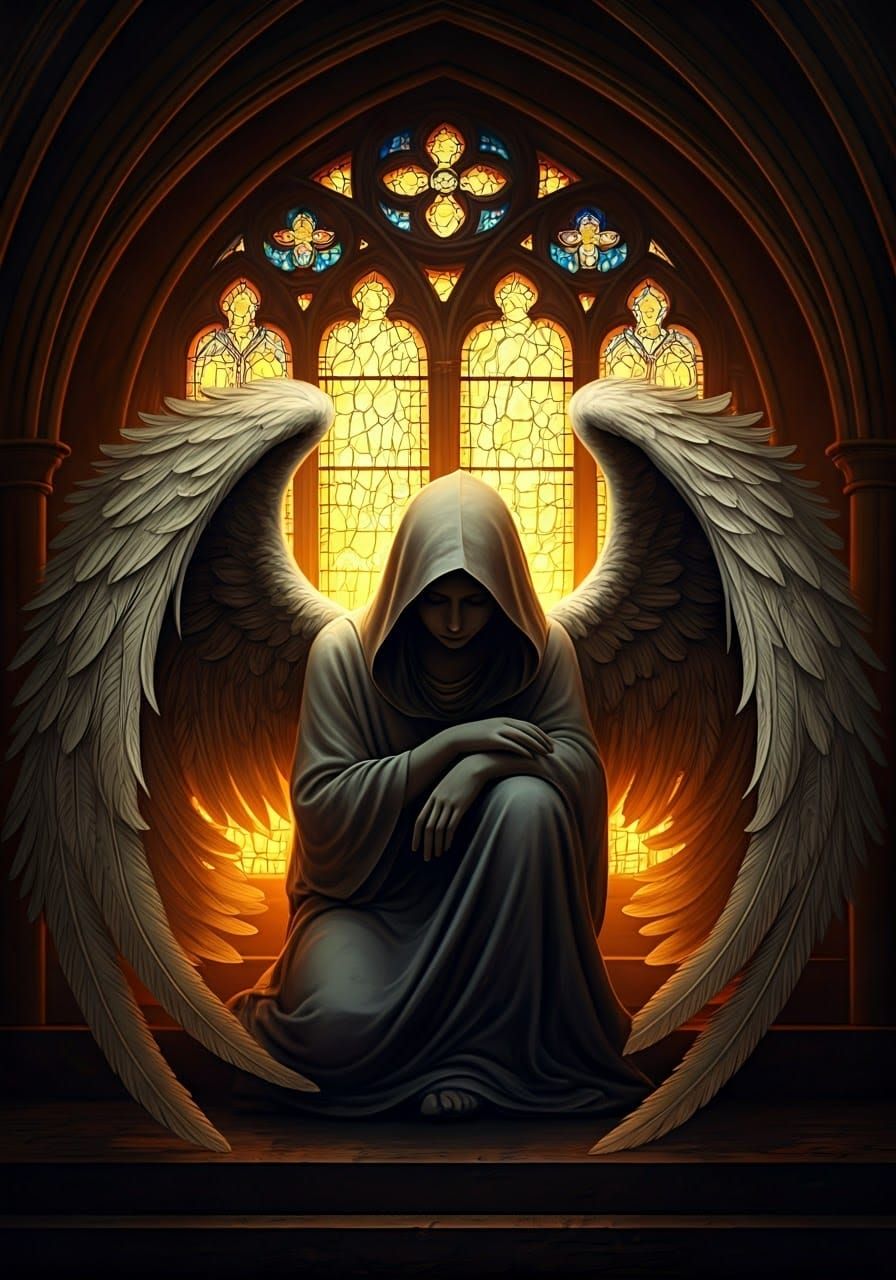 Ethereal Angel in Golden Light with Stained Glass