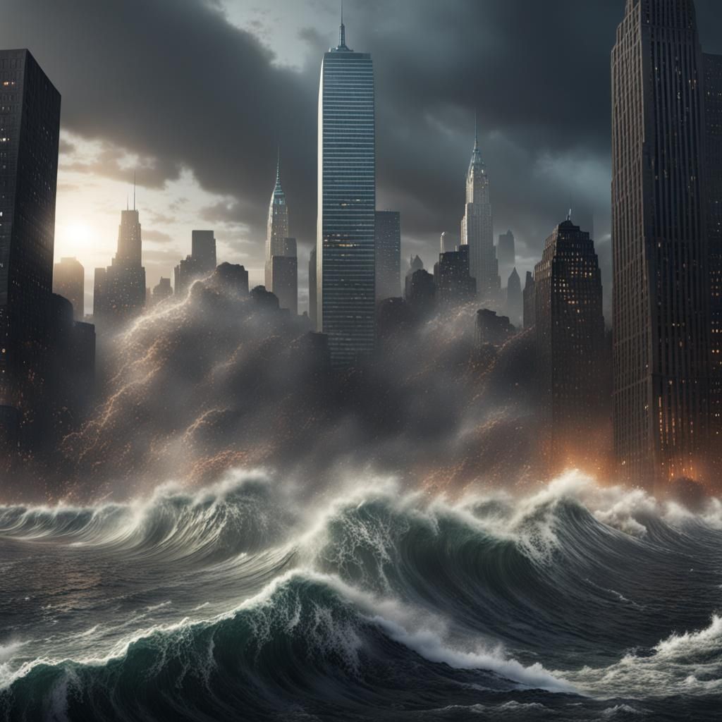 Tsunami Devastates New York City: Apocalyptic Digital Art