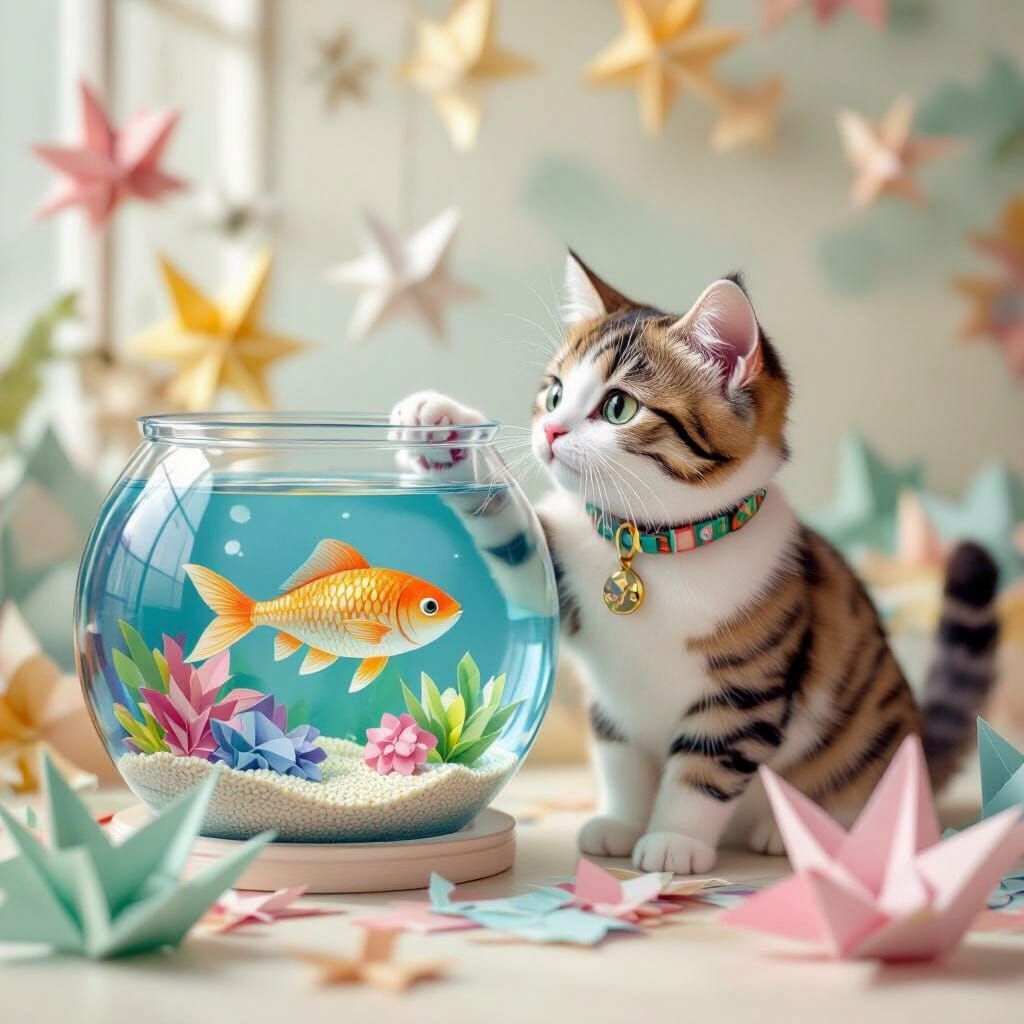 Cat Plays with Fish in Aquarium as Watercolor Painting