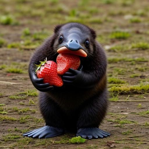 Cute platypus eating a strawberry