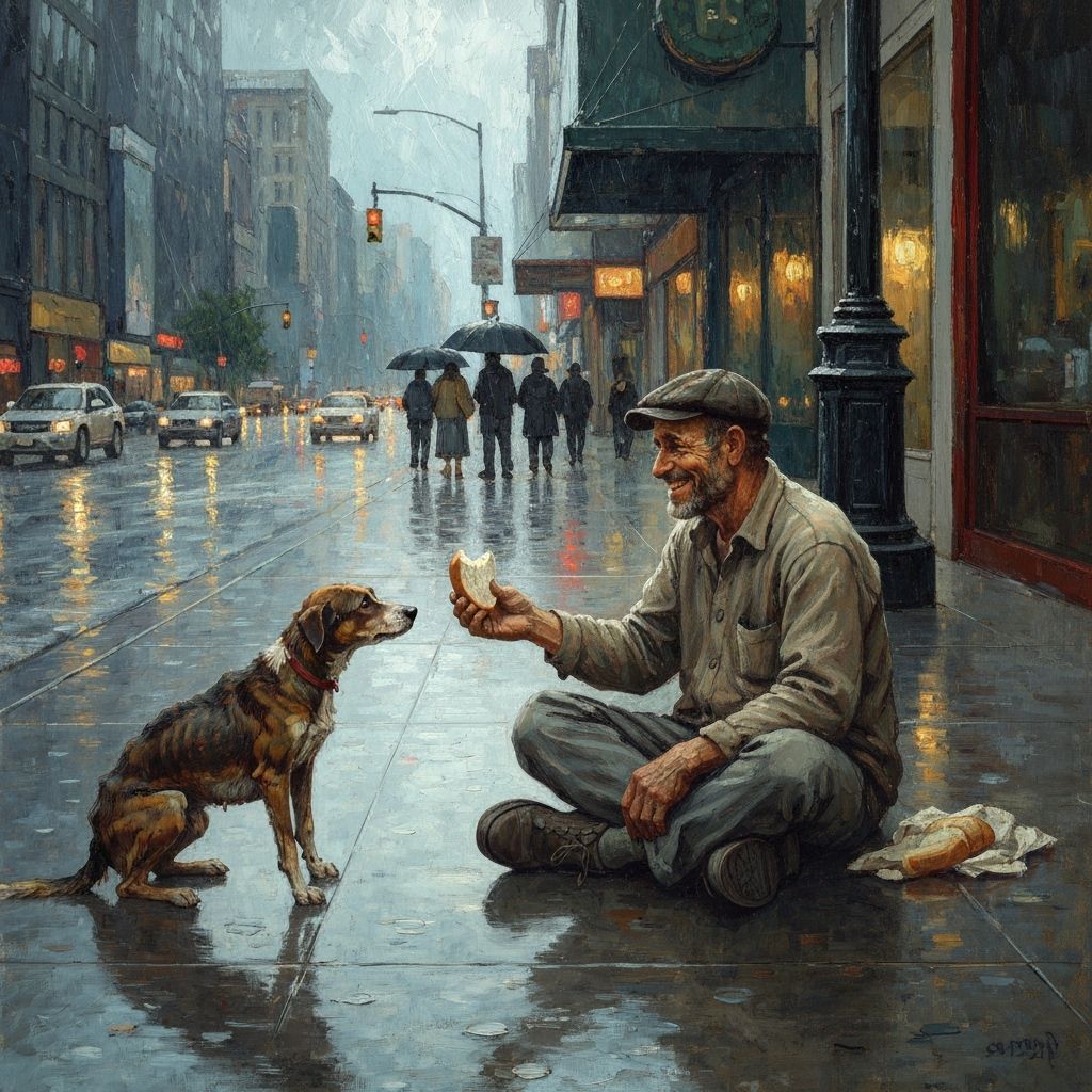 Kind Man Offers Bread to Dog in Stormy City