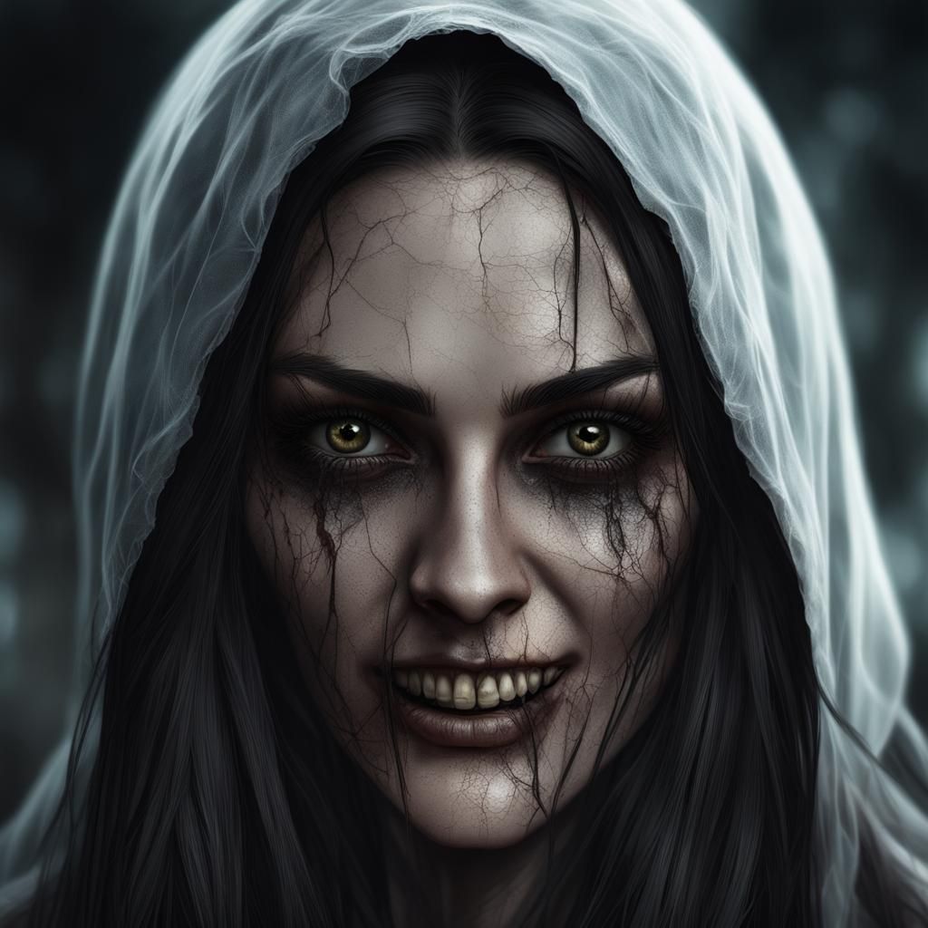 Young lady with long dark brown hair and black eyes with bla...