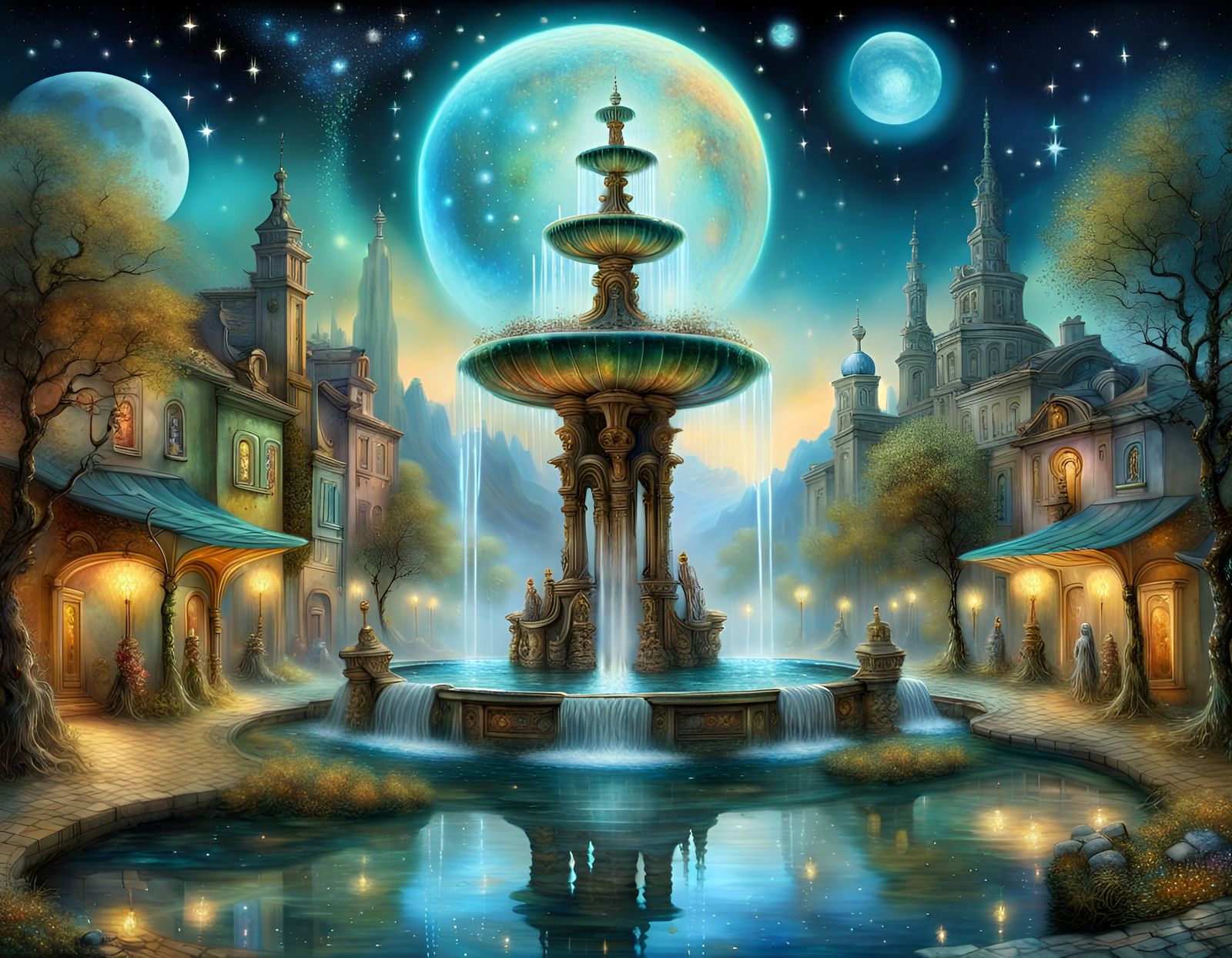 Utopian Fountain in Dreamlike Cosmic Moonscape