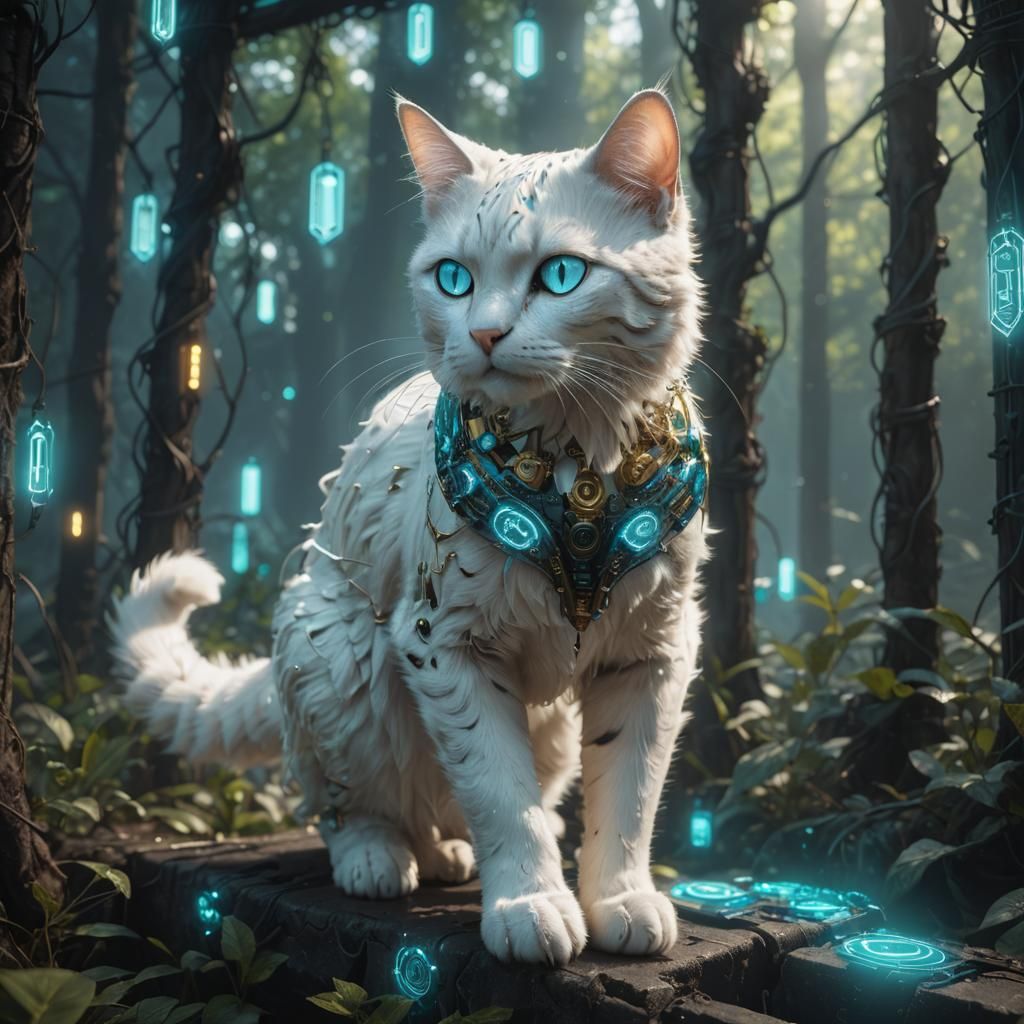 wireframe circuit board cat fractals wiring gold android robot cyan eyes glow