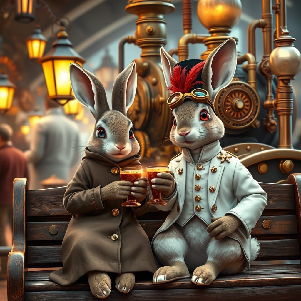 Steampunk Rabbits Enjoy Glühwein at Whimsical Winter Market