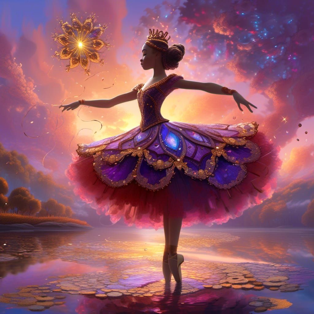 Steampunk Ballerina Dancing at Sunset, 3D Digital Art