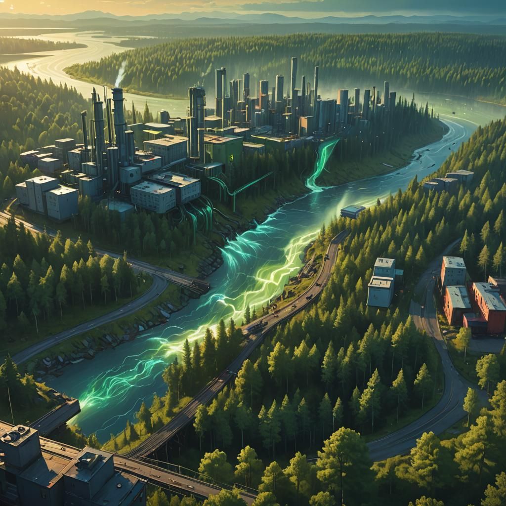 Music Waves Flowing into Industrial City