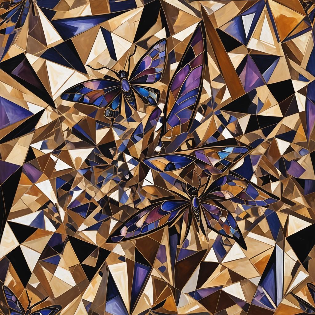 Iridescent Moth Swirling Around Geometric Flame: Cubist Styl...