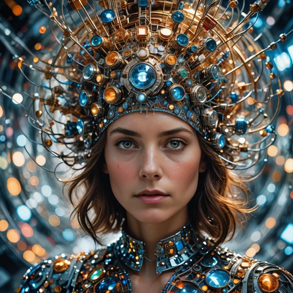 Woman with Quantum Headpiece in Futuristic Lab