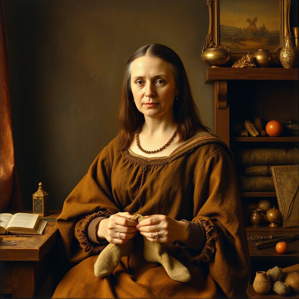 Elderly Mona Lisa Knitting Socks in Rembrandt Style